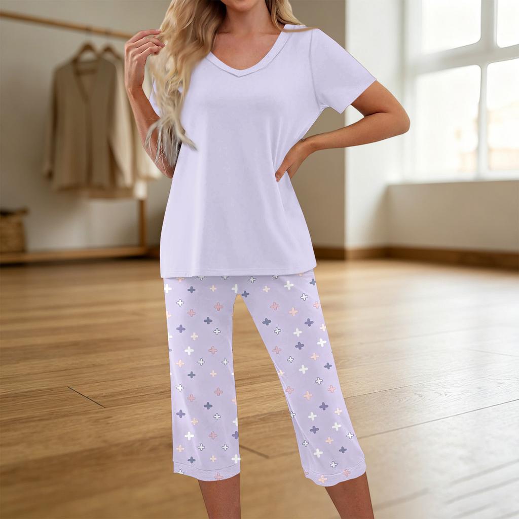 Women's Printed Two Piece Short Sleeve Pajama Set with Pants for Casual Sleepwear