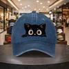 Black Cat Peeking Baseball Cap Cute Animal Print Adjustable Washed Denim Hat Casual