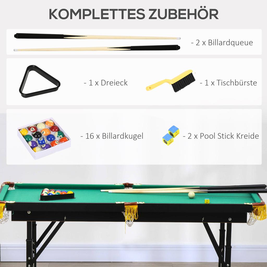 Table de billard, pliable, réglable en hauteur, incl. Triangle/2 Queues/16 Billes, Vert