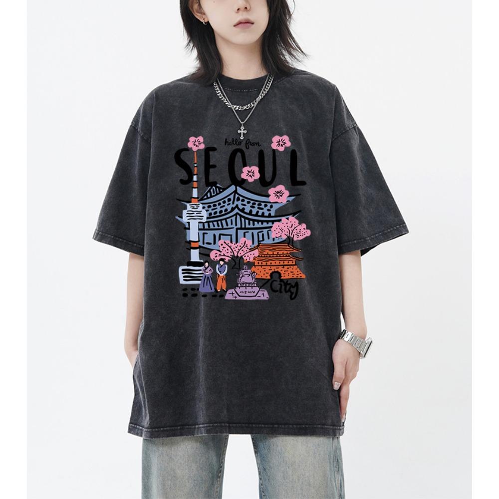 Seoul Beautiful Scenery Printed Washed T-Shirt Female Breathable Cotton Cool Tee Shirt Summer Snow Wash Clothing