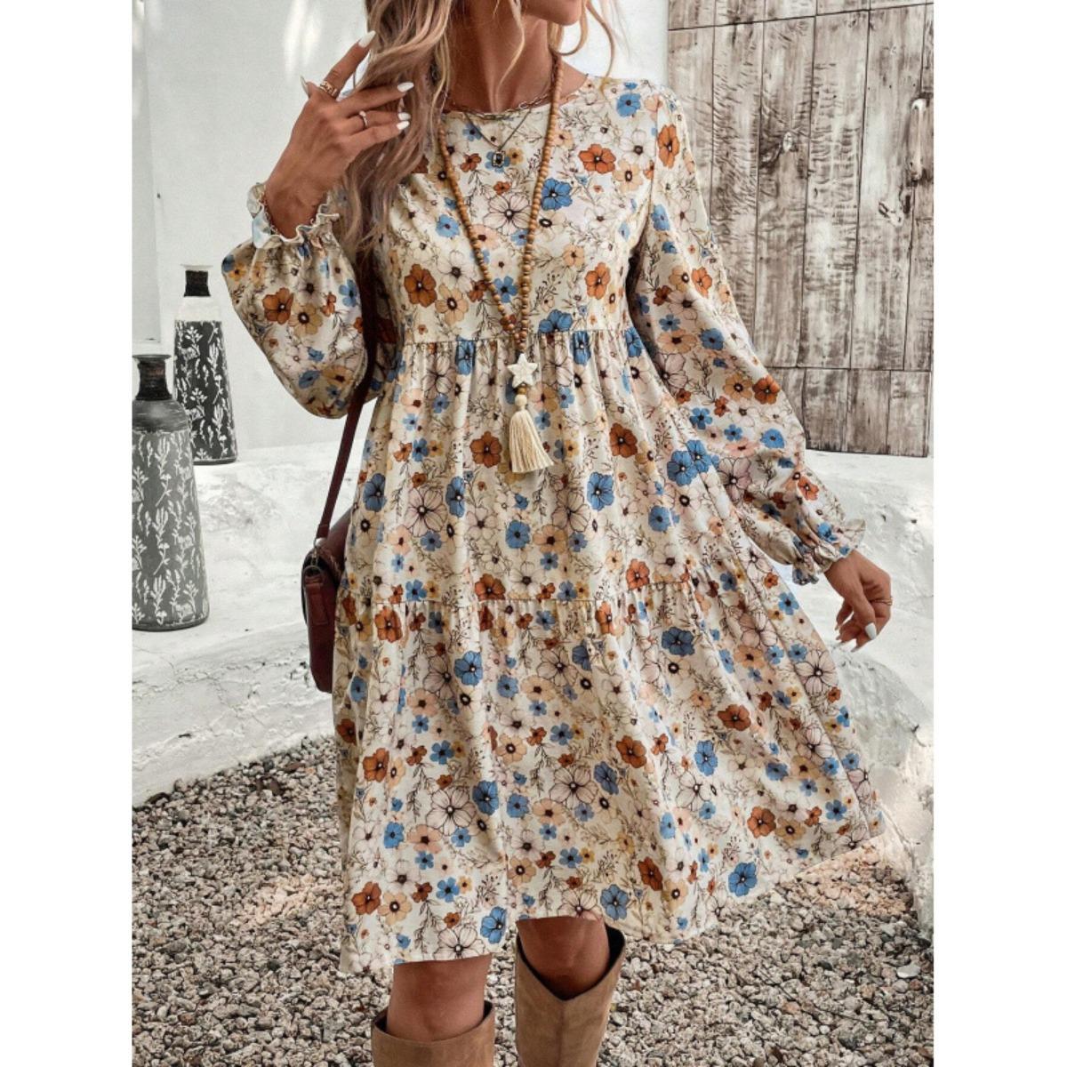 2026 Women s French Elegant Printed Puff Sleeve Dress, Casual Fashion Floral Dresses for Women, European & American Style Ladies Dress S абрикосовый