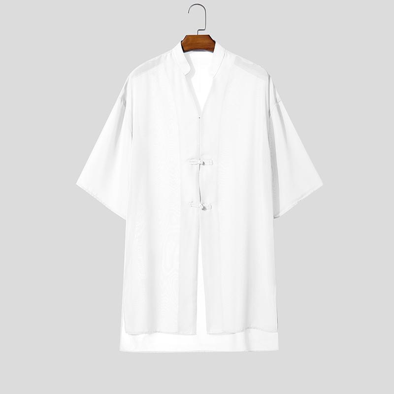 INCERUN Oversized Summer Men 3/4 Sleeve See Through Mesh Sheer Long Shirts Tops