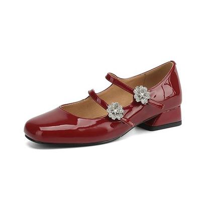 Sheepskin Spring Summer Size 41 Thick Low Heels Mary Janes Women Square Toe Crystal Flowers Pumps