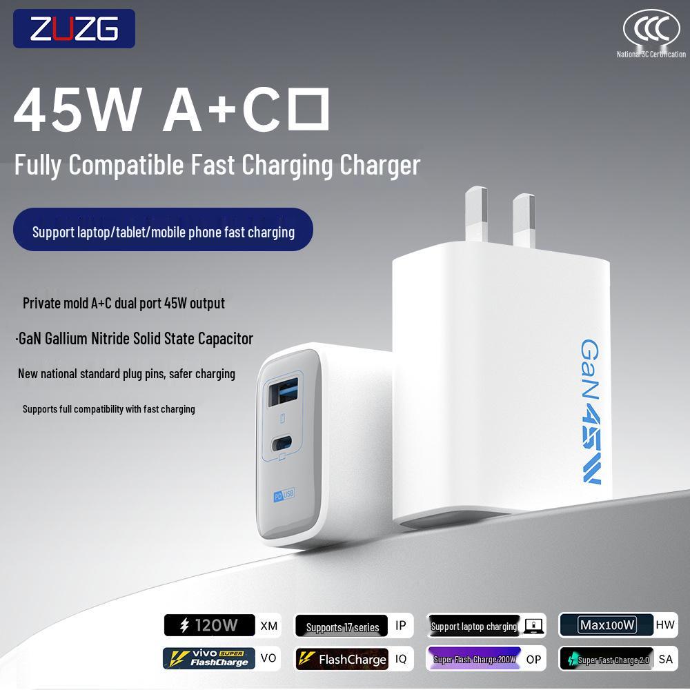 ZUZG 45W GaN Dual-Port Fast Charger with Display for Tablets, Laptops, and Phones