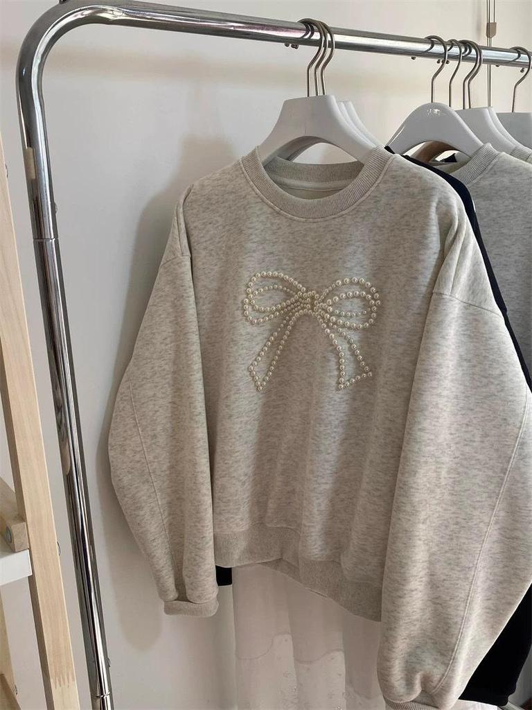 Women's 3D Beaded Bow Round Neck Sweatshirt - Loose Fit, Spring 2025 Collection