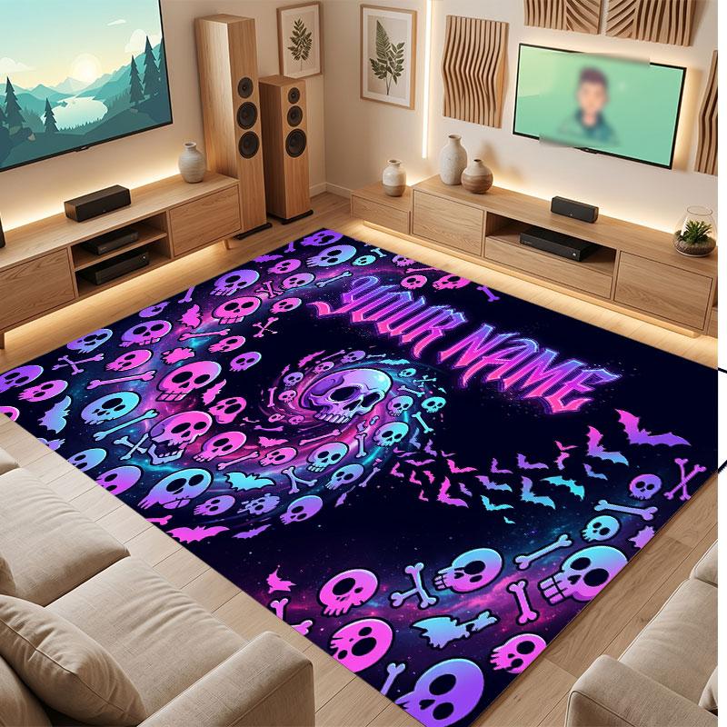 Skull Gothic Theme Crystal Velvet Floor Rug Personalized Custom Name Text Warm Carpet Home Decoration