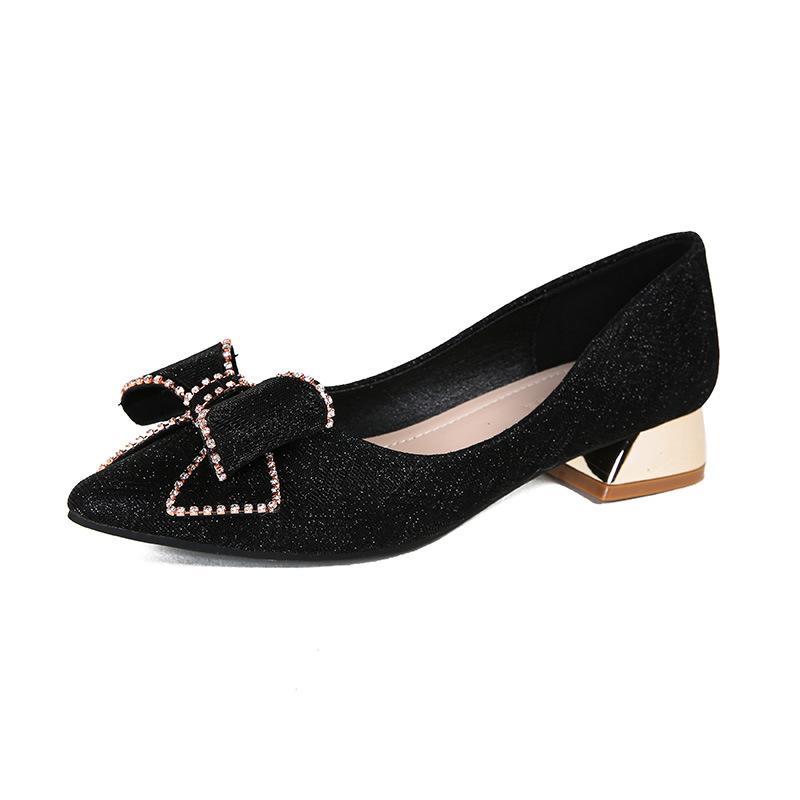 Pointed high heels thick heels women's shoes new high-end bow mid-heel large size 40-43 single shoes