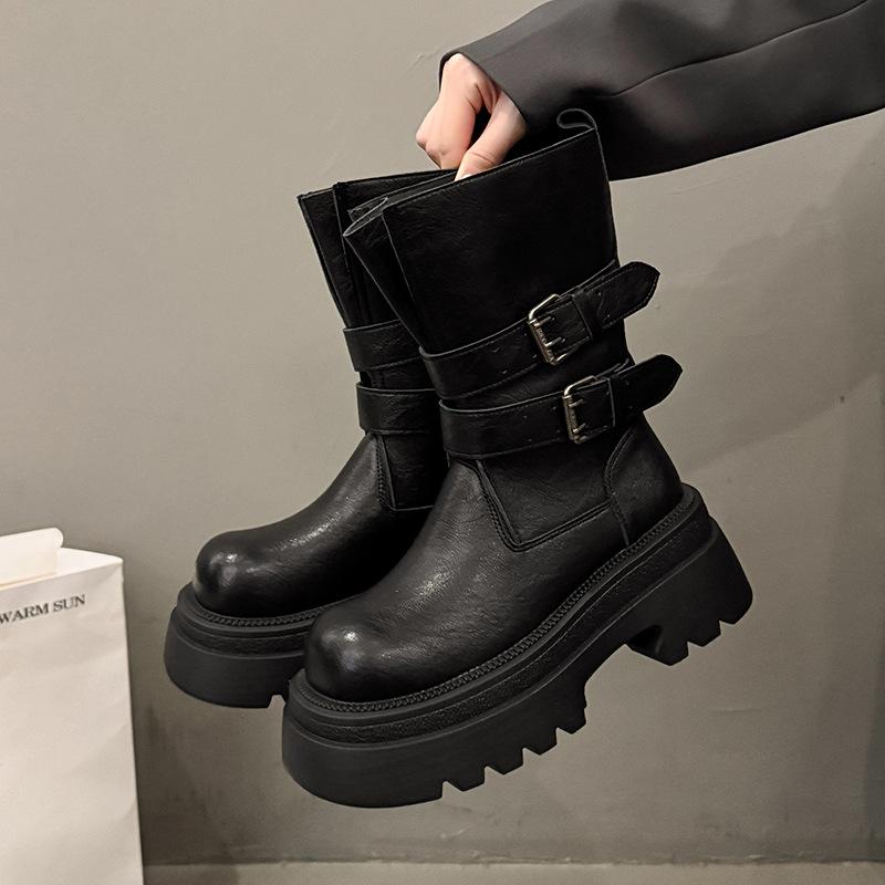 2025 Autumn and Winter New Maillard Retro Martin Boots Women's Versatile Thick-soled Stacking Boots Round Head Tall Thin Boots