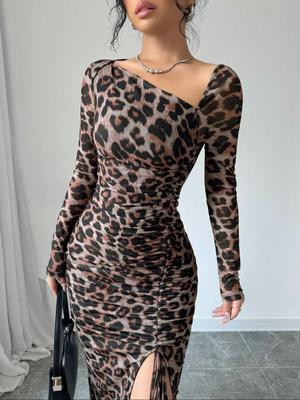 Women's Leopard Print High Waist Long Sleeve Dress