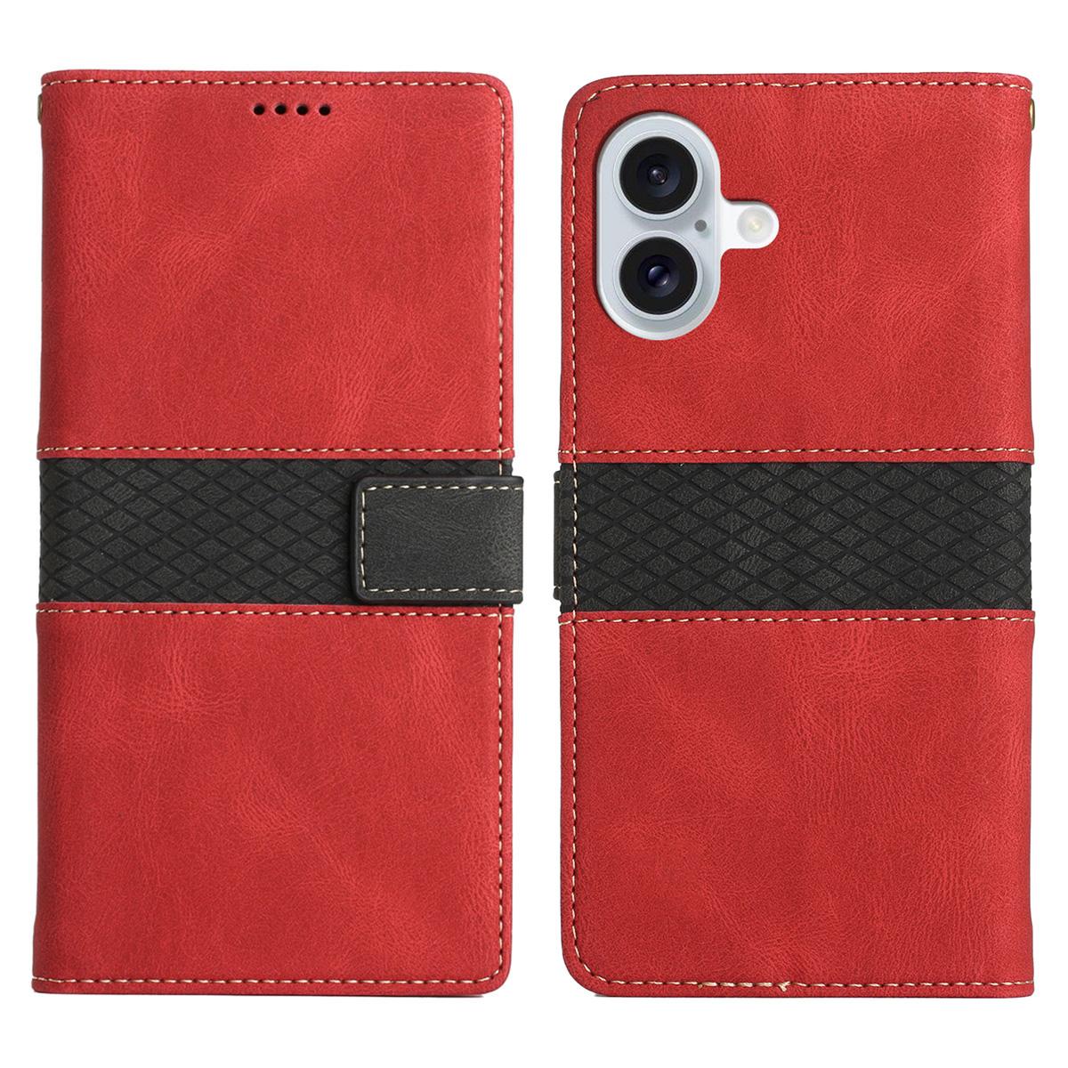 

For iPhone 17 Case Grid Splicing Stand Wallet Leather Phone Cover Red