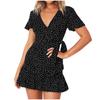 Abito Casual da Donna in Chiffon con Volant a Manica Corta, Stampa e Fasciatura, Scollo a V