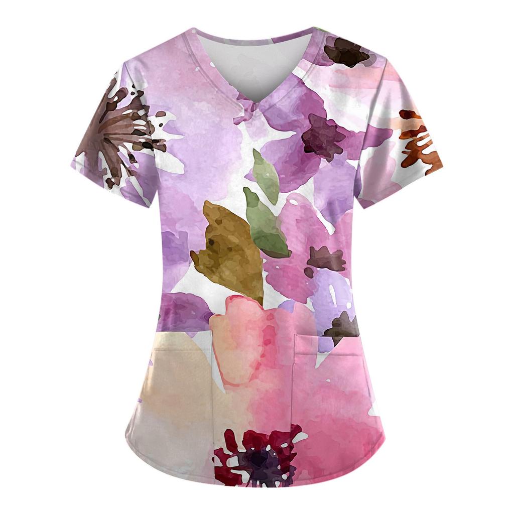 Women Fashion Spring And Summer Oil Painting Print V-neck Short Sleeve Workwear With Pockets Tops