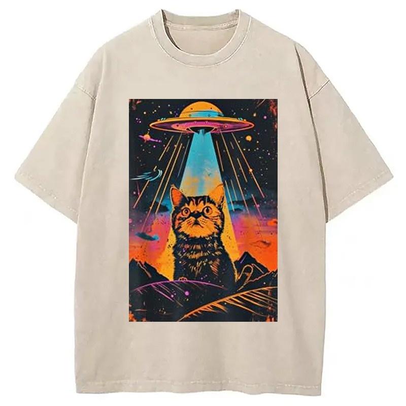 Catzilla Vintage Funny Cute Cat Washed T-Shirt Unisex Anime Printing Short Sleeve Holiday Summer Dropped Shoulder Oversized
