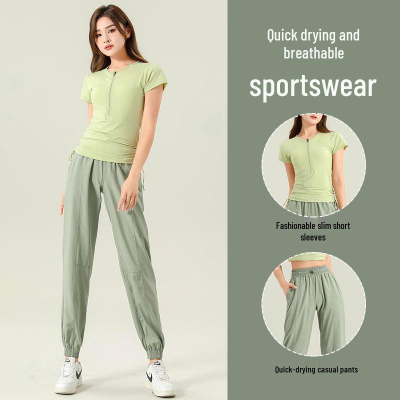 Women's High-End Quick-Dry Yoga & Running Set: Summer Half-Zip Short Sleeve Top with Loose Casual Ice Silk Pants
