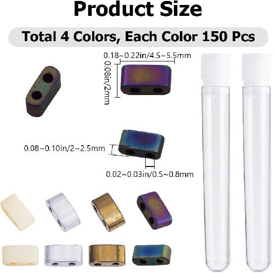CREATCABIN 400Pcs 2 Hole Half Tila Beads 4 Colors Mix Glass Seed Beads Rectangle Mini Baking Paint Metallic Color Opaque Flat Square for Craft