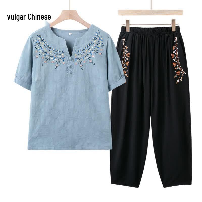 Women s Embroidered Cotton Linen Two-Piece Set 2XL