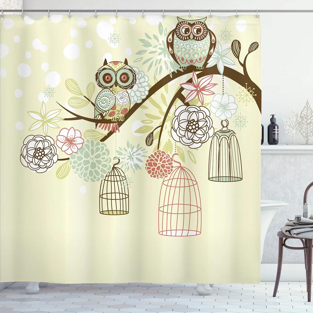 Rideau de douche Hibou Lunaire Forêt Enchantée Oiseau Fleur Papillon Fantaisie Fée Arbre Lanternes Ciel Nocturne Décoration Salle de Bain Ensembles