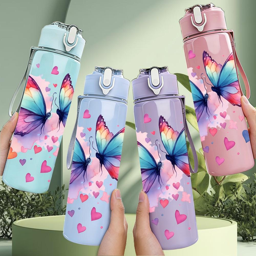 1PC Colorful Butterfly Wing Art Print 750ml Color Plastic Sports Water Bottle Leakproof Flip Straw Lid Suitable for Sports Office Home Use