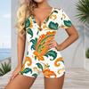 Women Plus Size Printed V Neck Short Sleeve Button Front Romper White Green Orange