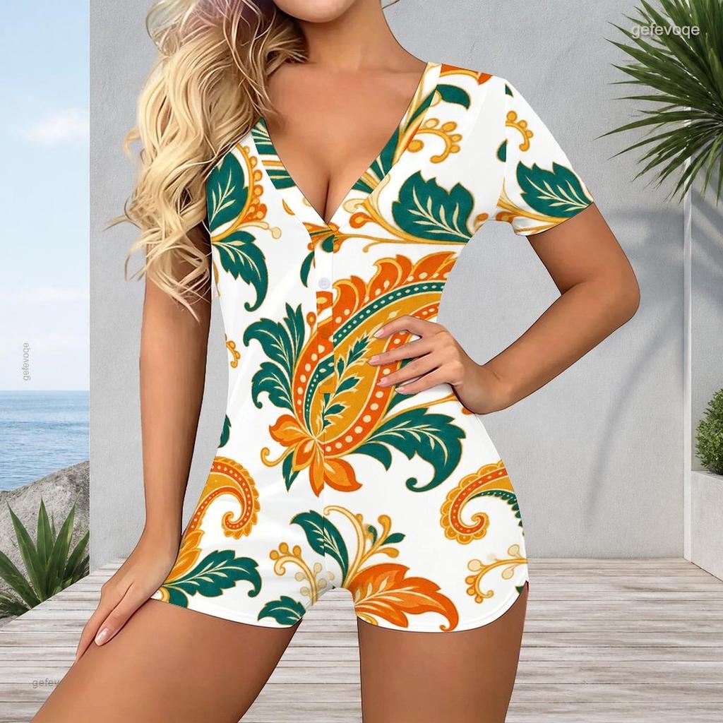 Women Plus Size Printed V Neck Short Sleeve Button Front Romper White Green Orange