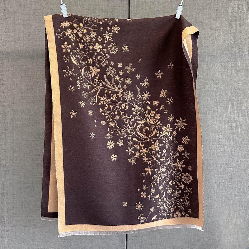 New plant and flower printed scarf for women's autumn and winter fashion imitation cashmere warm scarf with shawl outside