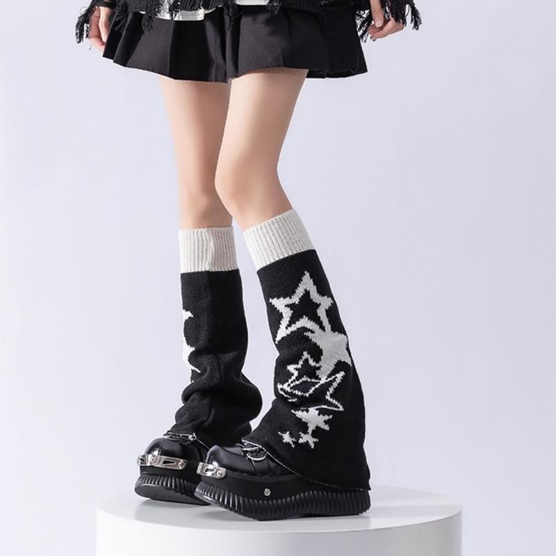 Reversible Knitted Long Tube Leg Warmers with Cute Cats Pattern for Women Punk Grunge Flared Boot Covers Footless Socks