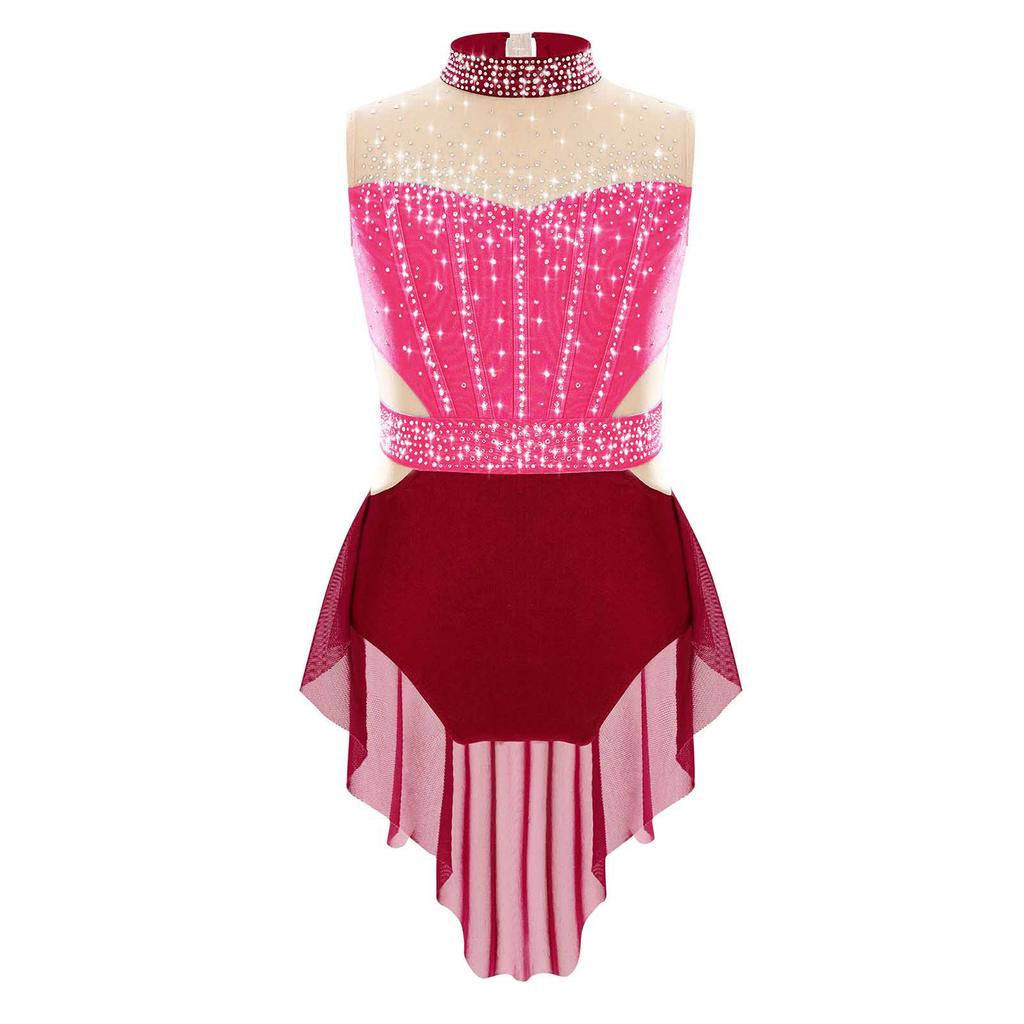 Gimnastard Fete Performanță Gimansticard Gât Mock Fără Mâneci Stil Strălucitor Strasuri Bloc de Culoare Plasă cu Fustă Body