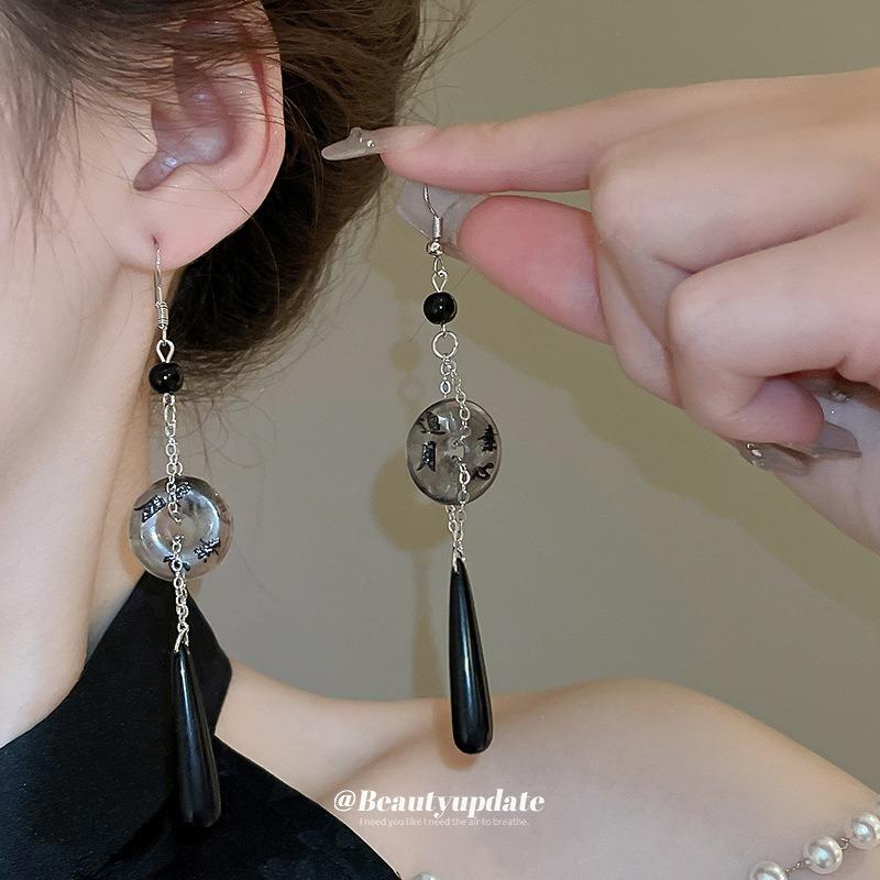 New Chinese Clear Ink Folding Fan Ear Hook Guochao Personality Retro Temperament Water Drop Earrings Niche Versatile Earrings Women