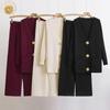 European-Style Women's Two-Piece Set: Knit Cardigan & Wide-Leg Pants - Trendy Spring/Autumn Fashion with Metal Buttons