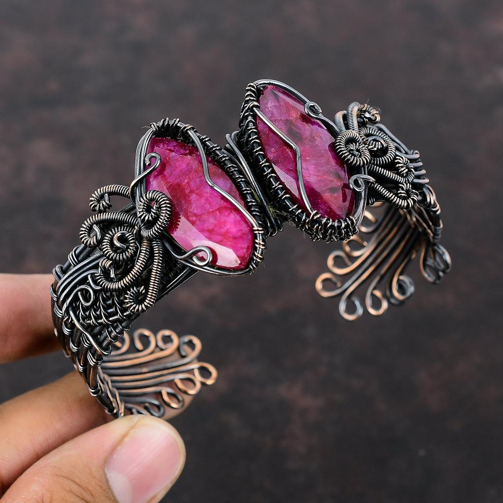 Faceted Kashmir Ruby Bangle Copper Wire Wrapped Cuff Bracelet Adjustable Bangle Handmade Gemstone Cuff Copper Wire Jewelry Anniversary Gifts