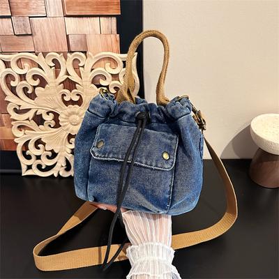 Nouveaux Sacs Bandoulière Style Coréen Mode et Polyvalent Sac Seau en Jean avec Cordon de Serrage Sac à Bandoulière Décontracté et Simple