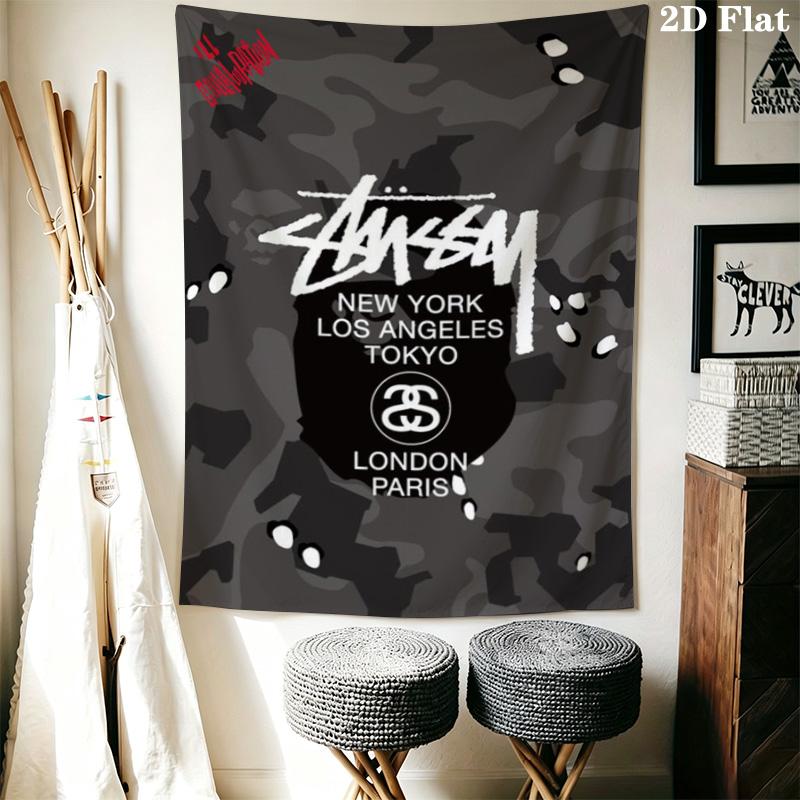 Grey Camo Pattern Tapestry, Dark Camouflage Street Brand City Logo Print Wall Hanging Decor