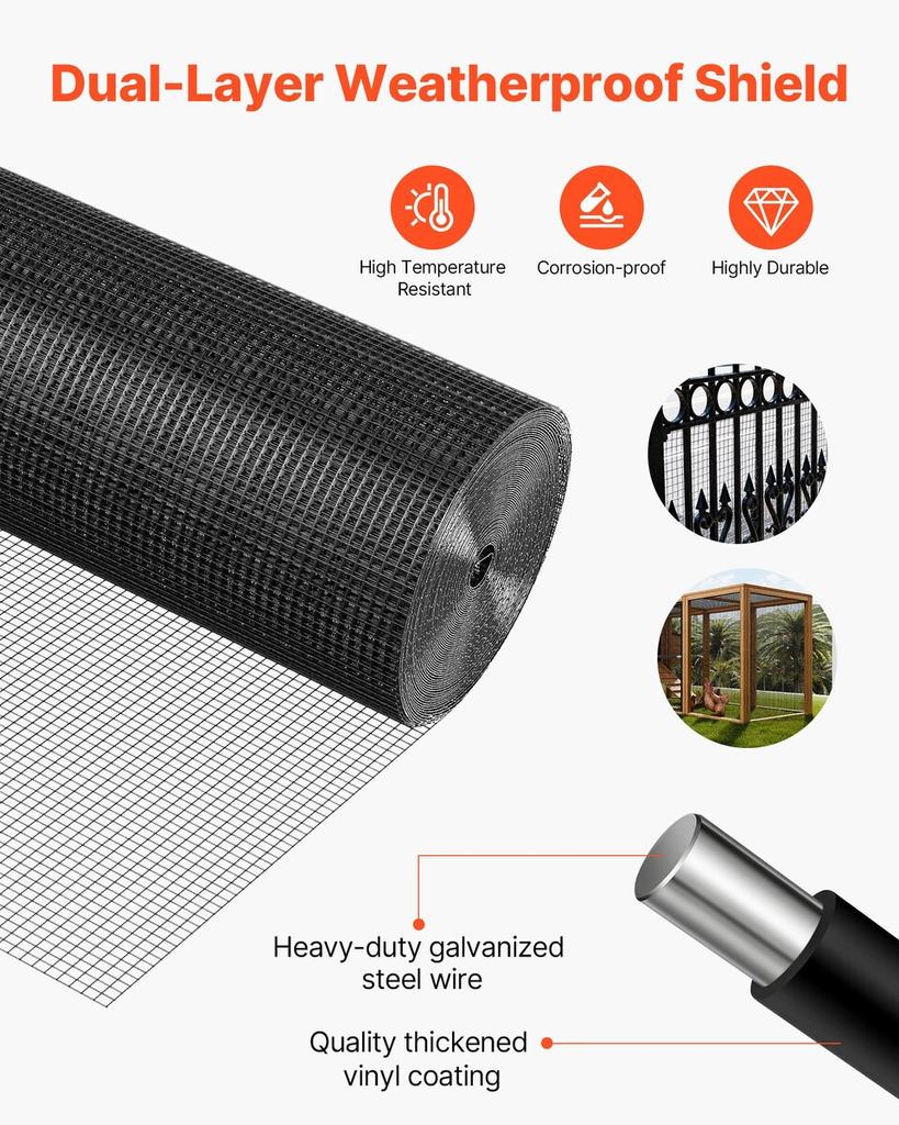 Hardware Cloth 152cm x 30.4m, 1/2 in 19 Gauge Galvanized Wire Mesh Roll, Weather-Resistant Vinyl Coated Chicken Wire Fencing, Heavy Duty Welded Garden