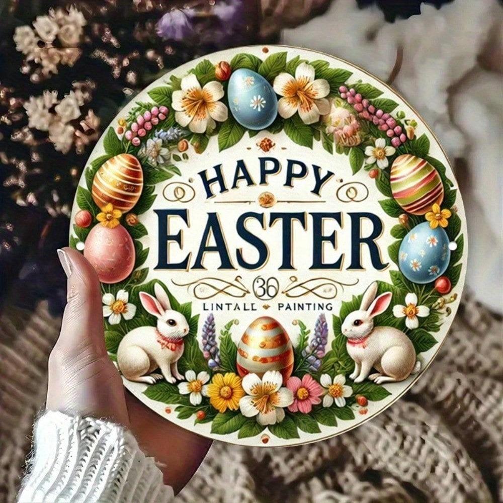Vintage Easter Metal Wall Art Round Spring Home Decor Hanging Ornament Rustic Farmhouse Seasonal Display