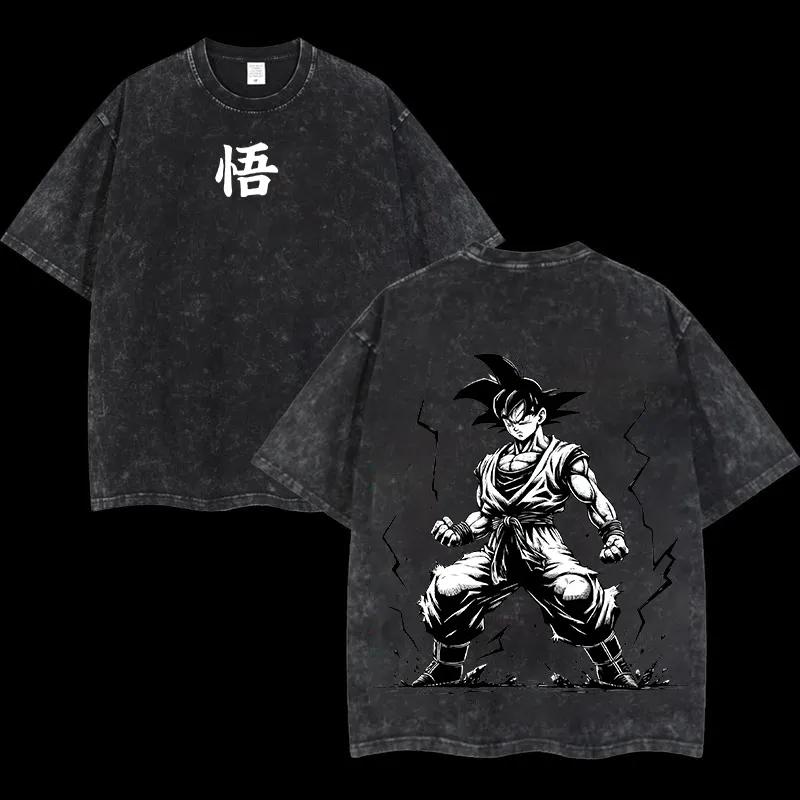 

Goku T Shirt Men Acid Wash Oversized Anime Manga Black White Style Cotton Vintage Gym Streetwear Lightning Graphic Back Tee M