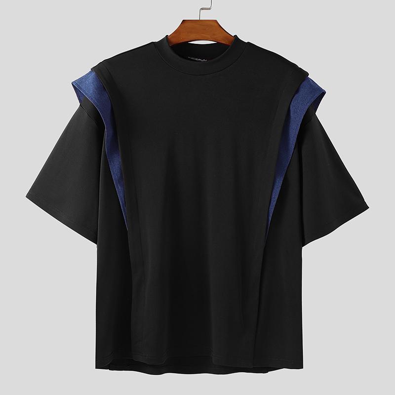 INCERUN Men Round Neck Short Sleeve Patchwork Oversized T-Shirts Tops