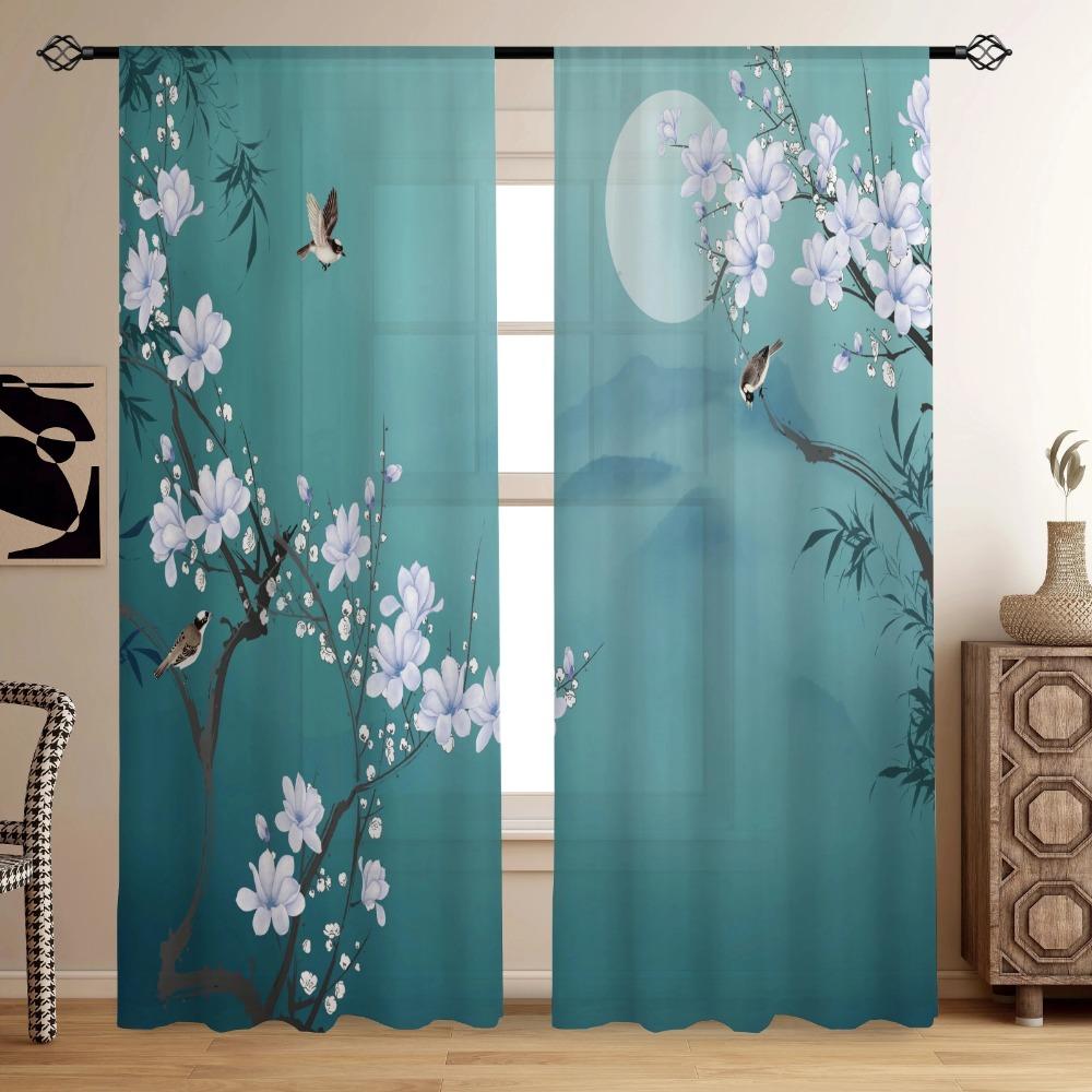 2ks Chinese Mountain lnk Painting Print Curtain, Digital Printing Curves for Living Room Ložnice Kuchyň Studovna, Domácí dekorace
