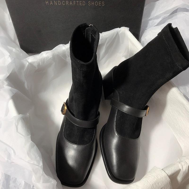 Fashion Elastic Boots Women Cow Suede Short Ankle Boots Female Spring Autumn Elegant Boots Stretch Slim Mixed Color Chunky Heel Boots 40