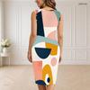 Women Plus Size V Neck Sleeveless Grey Black Blue Geometric Printed Bodycon Midi Dress