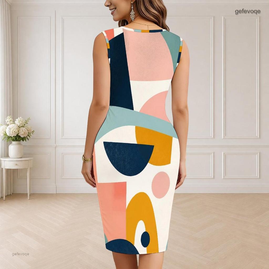 Women Plus Size V Neck Sleeveless Grey Black Blue Geometric Printed Bodycon Midi Dress