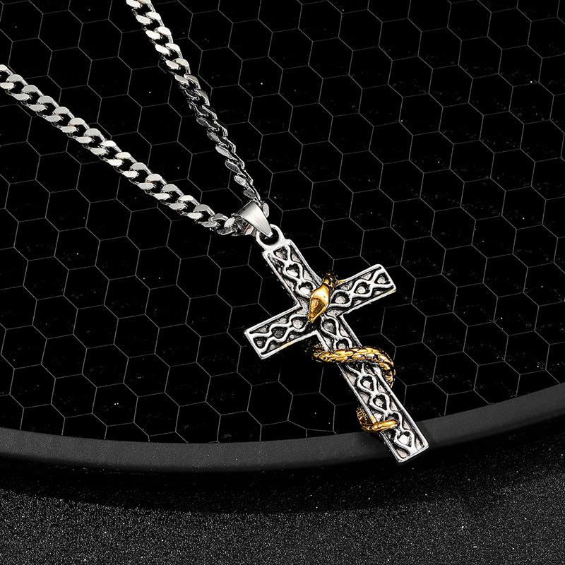 Gothic Two-Tone Snake-Wrapped Cross Pendant Necklace for Men