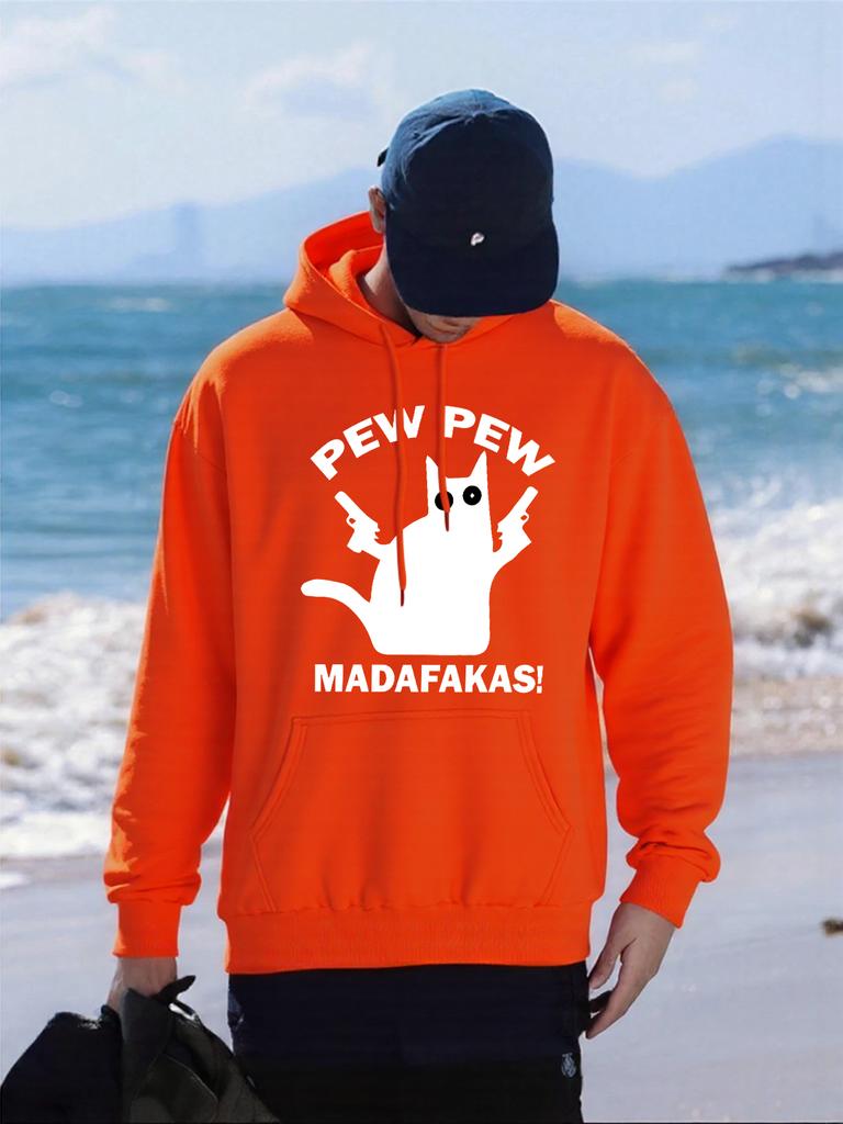 Pew Pew Madafakas Cat Holding A Gun Printed Men Hoodies Loose Loose Hoody Autumn Fleece Streetwear All-Match Pocket Pullovers