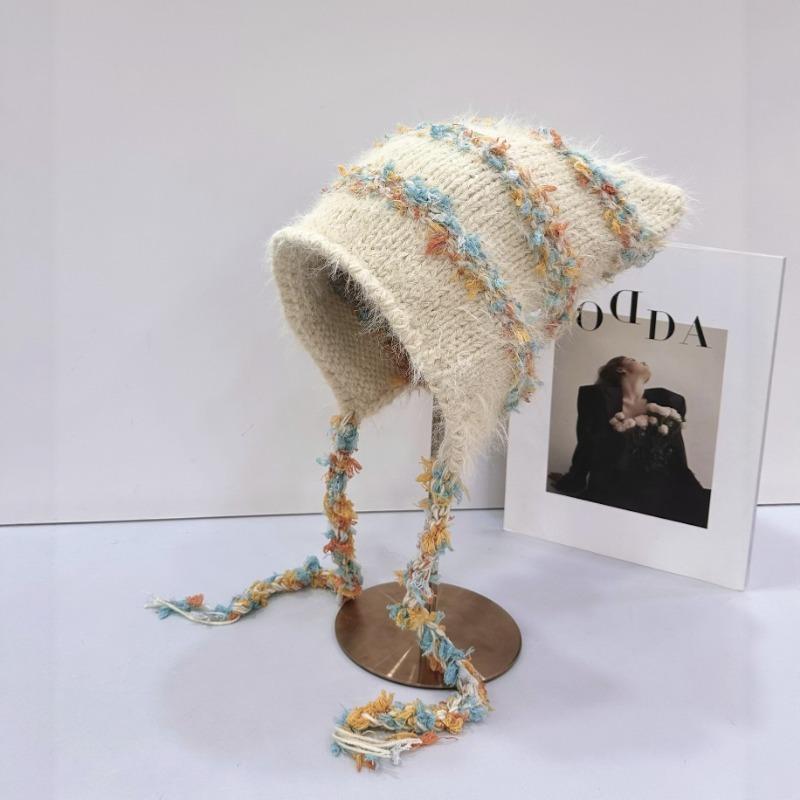 25 Early autumn new colored lace-up ear protectors to keep warm cat ears personalized thickened color matching knitted fluffy hat