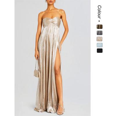 European & American Summer Style Tube Top Slit Dress - Atmospherically Textured Evening Wear