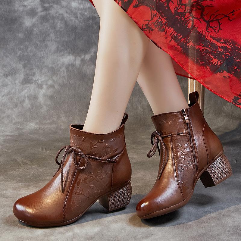 Shoes Women's Thick Heel Soft Sole Velvet Short Boots New Autumn and Winter Women's Shoes Retro First-layer Cowhide Cotton Shoes