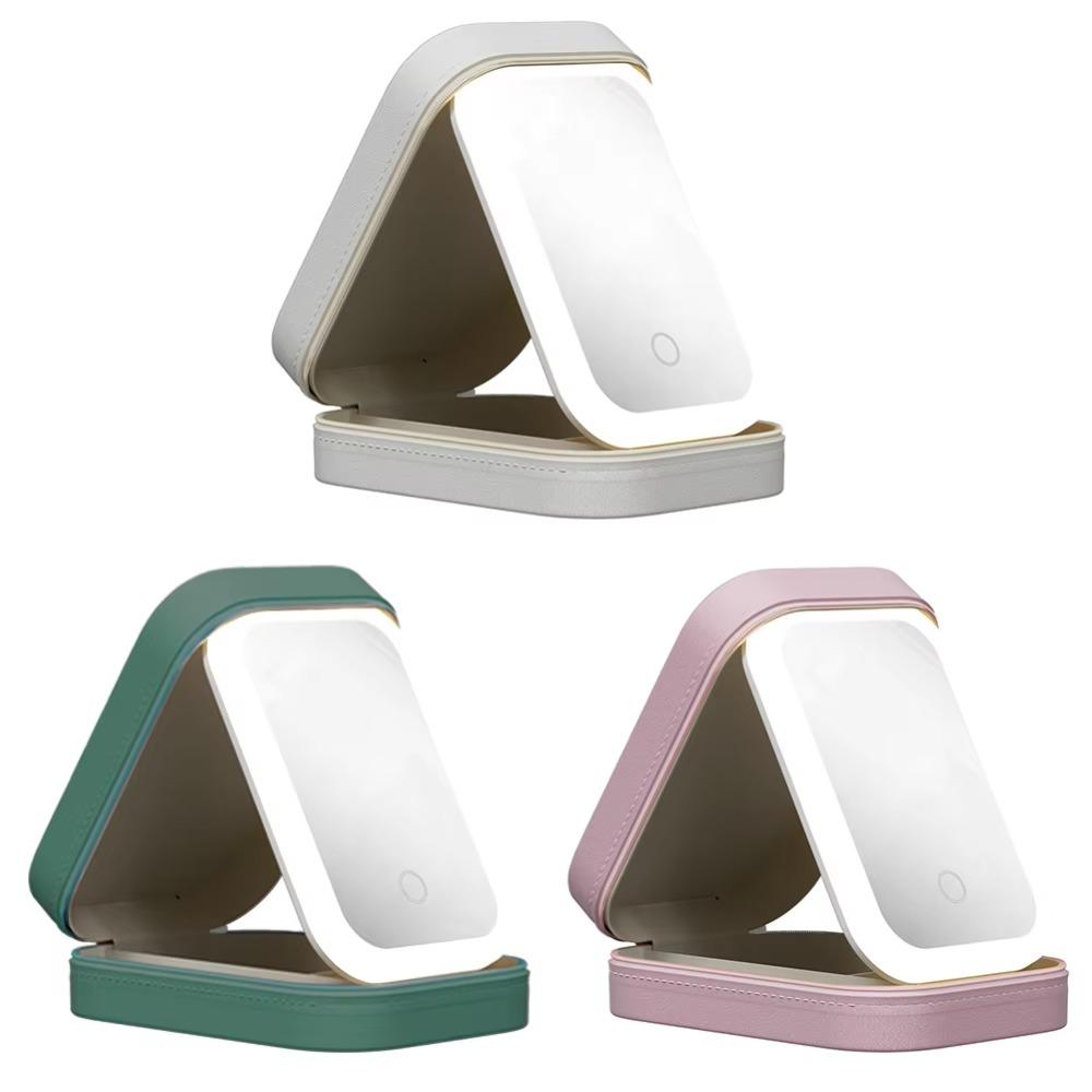Mini LED Makeup Mirror USB Rechargeable Leather Case Jewelry Case Touch Control 360° Rotation Cosmetic Storage