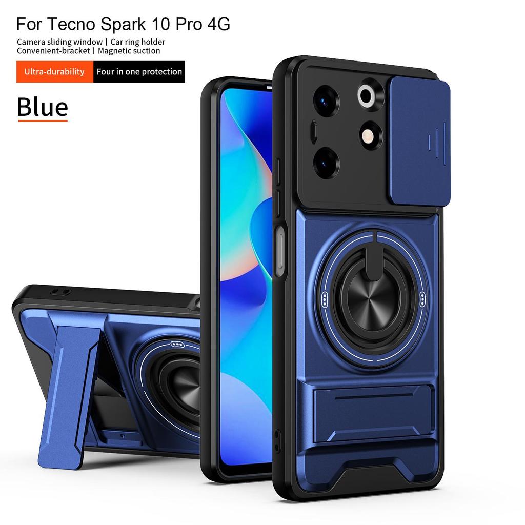 Slide Camera Cover Compatible for Tecno Spark 10 Pro 4G Case With Built-in Ring Stand and Folding Stand