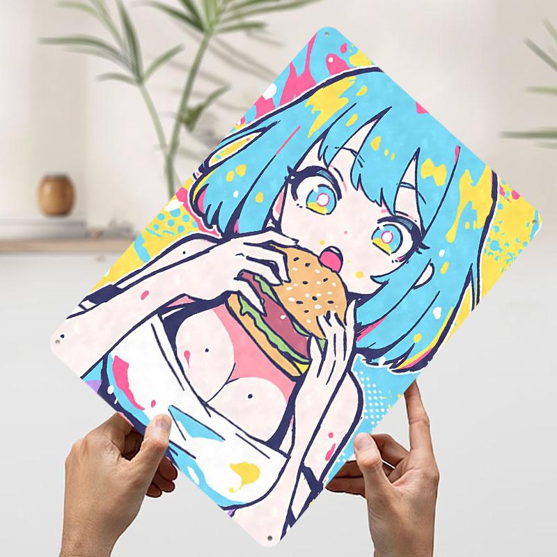 Anime Girl Eating Burger Poster Customized Wall Art Vintage Metal Signs Retro Tin Plaque for Man Cave Decoration Bedroom House 20x30cm(7.8x11.8inch)