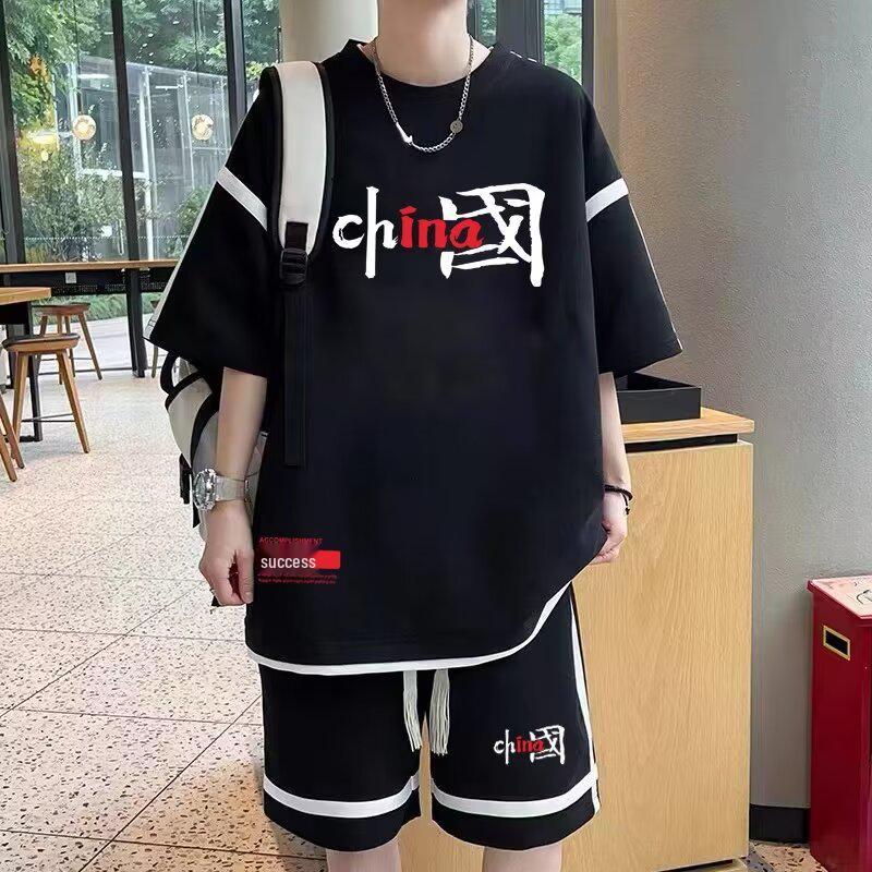 

Мужская футболка с коротким рукавом из ледяного шелка и спортивный комплект с повседневными шортами XL