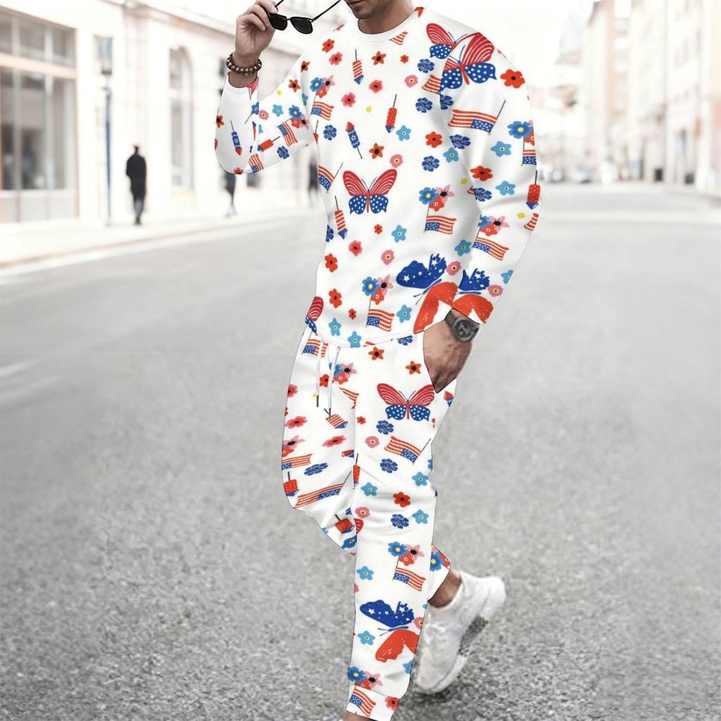 Men All Over Butterfly Floral American Flag Print Long Sleeve Sweatshirt And Drawstring Jogger Pants Two Piece Suit